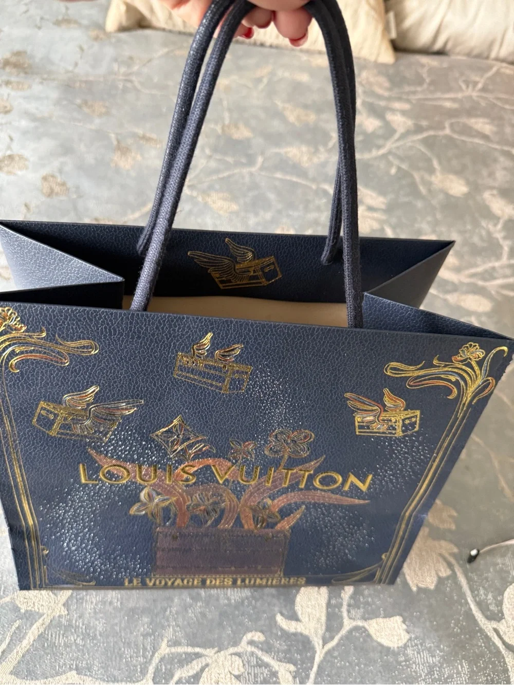 Authentic Louis Vuitton Navy & Gold Decorative Gift Bag with Rope Handles.